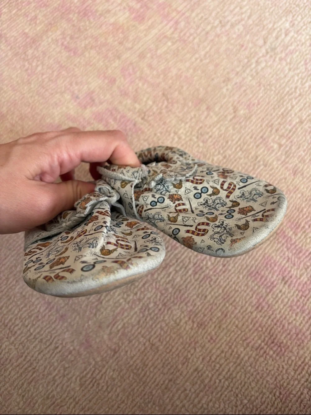 Freshly Picked White Patterned Moccasins & Gold Hufflepuff Soft Soles